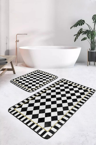 Realhomes Siyah Beyaz Damalı ve Çizgili Altın Detaylı Kaymaz Taban 2'li Yıkan...