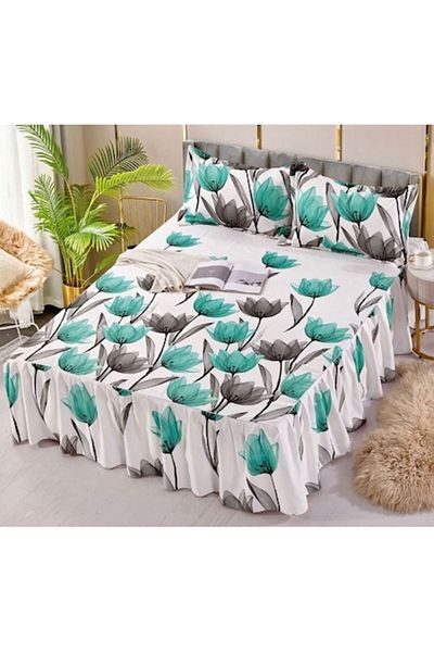 JOJO HOME Cearsaf de pat dublu, cu volanase, Jojo Home, imprimeu Flori Bicolore, 3 piese, 2 persoane, Finet, 2