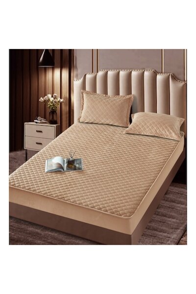 JOJO HOME Bed Cover and 2 Pillowcases, Jojo Home, Velvet, Quilted, 180x200cm, Coffee with Milk