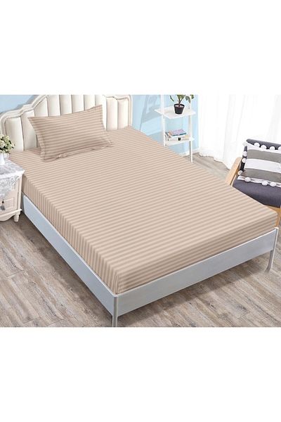 OEM Cearșaf și 2 fețe de pernă cu elastic, Sonia-Home, Damasc, Persoană singură, Uni, 90x200cm, Bej