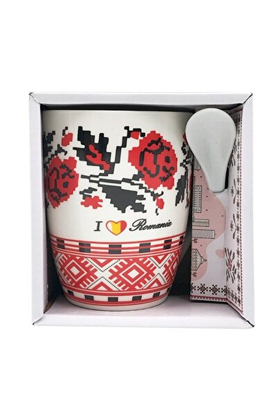 OEM Ceramic cup with metal spoon, traditional design, 11x12 cm, multicolor M3