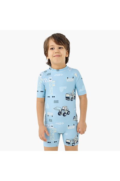 Juniors All-Over Construction Print Swimsuit with Zip Closure