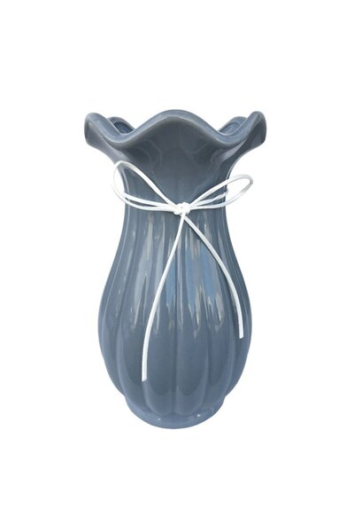 OEM Vază din ceramică cu gură largă și caneluri, albastră, 13x24 cm