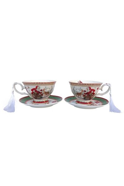 OEM Set de două cești ceramice cu farfurioare și tematică de Crăciun, multicolore, 14x8cm