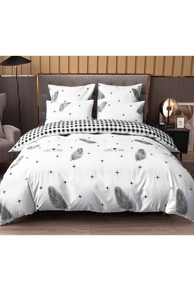 OEM Lenjerie de Pat, Cearșaf cu Elastic, Bumbac Satinat, 2 Persoane, 4 Piese, Imprimeu Pene, 180x200cm,