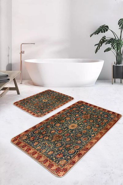 Realhomes Classic Ethnic Floral Patterned Blue-Red 2-Piece Non-Slip Base Washable Bath Mat Set