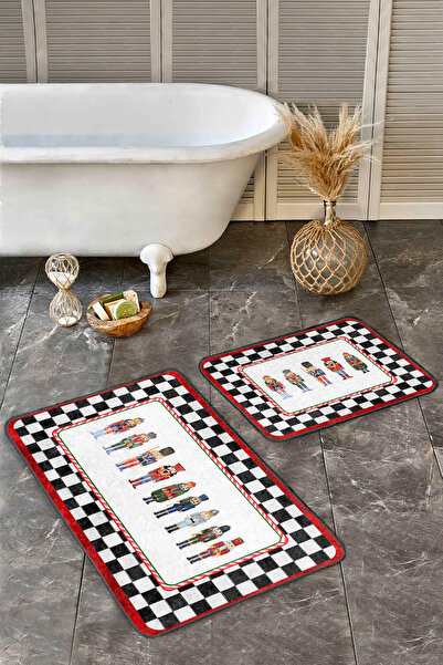 Realhomes Black and White Checkered Red Framed Figured 2-Piece Non-Slip Base Washable Bath Mat Set