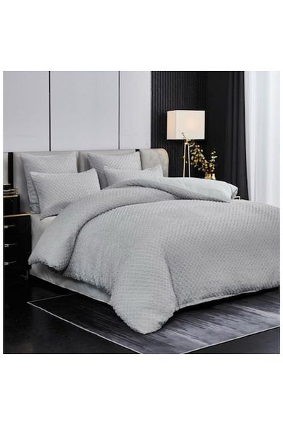 OEM Lenjerie de pat, Grofat Model Patratele, Uni, Finet, 6 piese, 2 persoane, 230x250cm, Gri Deschis