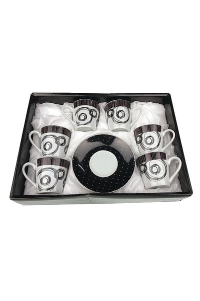 OEM Set 6 cești și 6 farfurii cu cercuri, ceramică, 28X20 cm