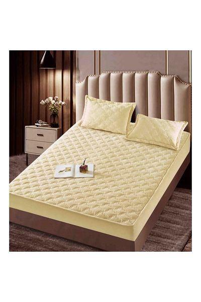 JOJO HOME Husa de pat si 2 fete de perna, Jojo Home, Catifea, Model Romburi, Topper Matlasat, 140x200cm, Crem