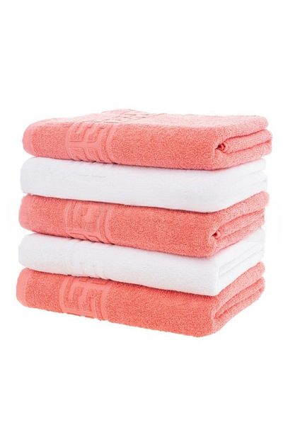 OEM Set 5 prosoape de baie, Bumbac, Bicolor, Bordura Greceasca, 500g/m², 70x140cm, Corai-Alb