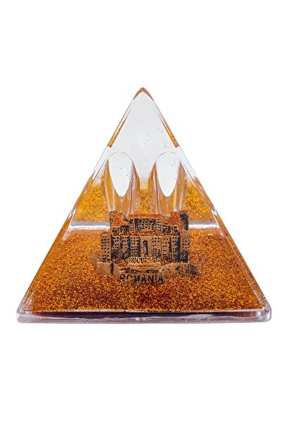 OEM Piramida din plastic cu lichid, cu Palatul Parlamentului, auriu, 8x8 cm