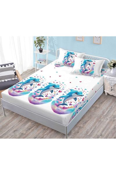 OEM Husa de Pat, cu Elastic, 3 Piese, Finet, 180x200cm, Imprimeu Delfini, Multicolor
