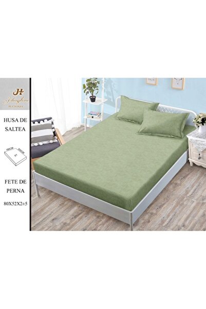 OEM Husa de Pat, cu Elastic, 3 Piese, Bumbac Satinat, 180x200cm, Verde Ou de Rata
