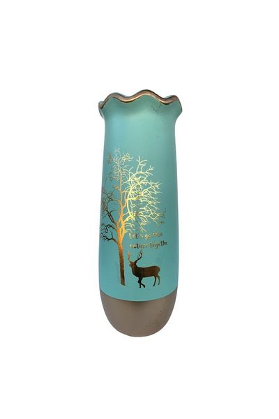 OEM Ceramic Vase with Wide Mouth, Deer and Tree Design, Turquoise, 11x30 cm