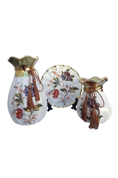 OEM Set din ceramica format din 2 vaze cu snur si farfurie decorativa M1, 36X24 cm