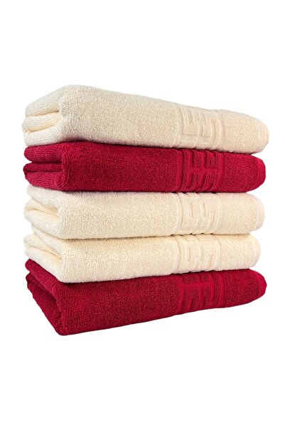 Plush Set 5 Towels, Cream, Red 100% Cotton 550gr, 50x90cm