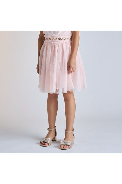 Juniors Embellished Knee Length Skirt with Pleat Detail
