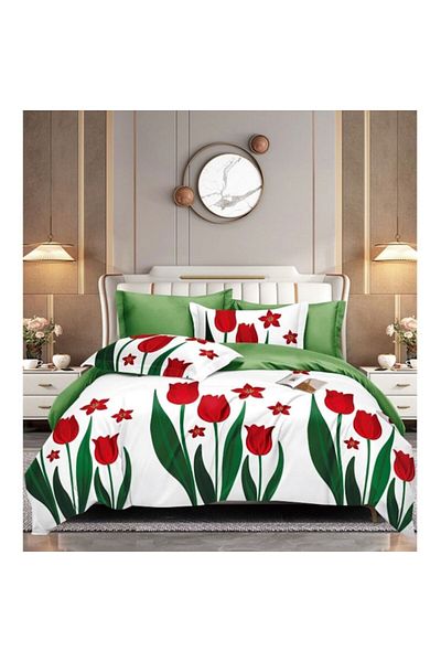 OEM Lenjerie de pat, Imprimeu Lalele, 4 Piese, 2 persoane, 230x250cm, Bumbac, Multicolor