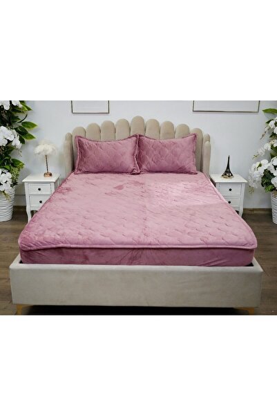 OEM Husa de pat si 2 fete de perna, Catifea, Topper Matlasat 140x200 cm, roz prafuit