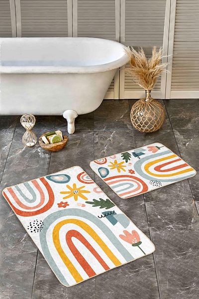 Realhomes Orange Blue Retro Striped Floral 2-Piece Non-Slip Base Washable Bath Mat Set