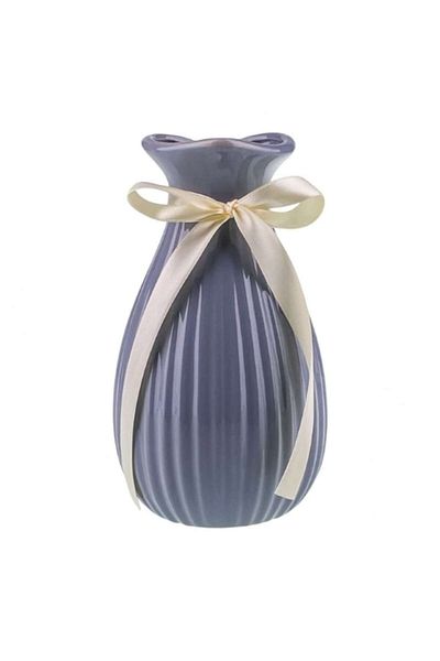 OEM Vază ceramică cu dungi și gură ondulată, albastră, 11x20 cm