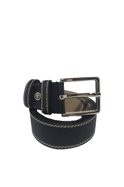OEM Men's Genuine Leather Belt, Black with White Stitching, 125 cm