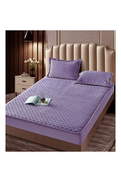 JOJO HOME Husa de pat si 2 fete de perna, Jojo Home, Catifea, Model Romburi, Topper Matlasat, 160x200cm, Mov