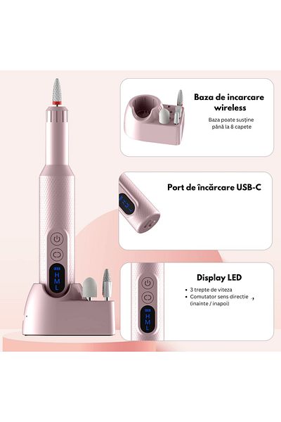 Elindor Pilă de unghii profesională, pilă electrică wireless pentru manichiură-pedichiură, reîncărcabilă, 18.000 RPM, roz