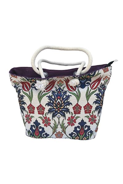 OEM Geanta din material textil cu model floral si toarte groase din sfoara, M2, 35x34 cm