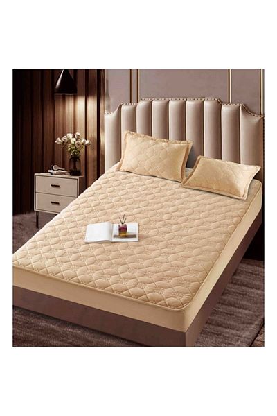 JOJO HOME Husa de pat si 2 fete de perna, Jojo Home, Catifea, Model Floral, Topper Matlasat, 140x200cm, Bej