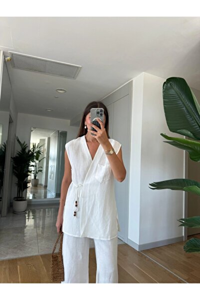 My Blog White Drawstring Vest Pants Linen Suit - 51042