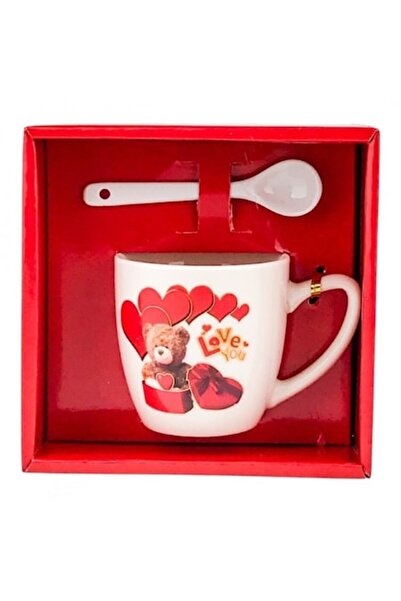 OEM Cană ceramică cu lingură, design cu ursuleți și inimioare, 14x14 cm