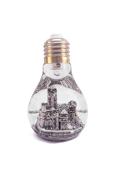 OEM Plastic Decorative Ornament with Liquid and Batteries, Bran Castle Design, Silver, 6x10 cm