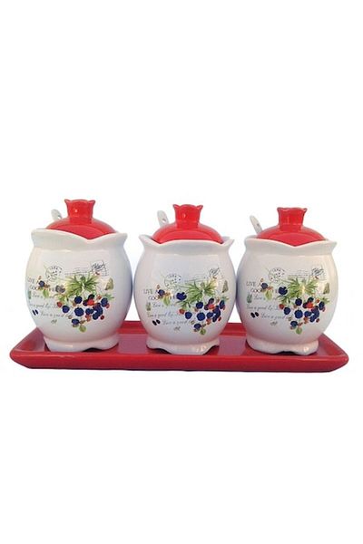 OEM Set din ceramică format din trei recipiente cu lingurițe, 27x13cm, roșu