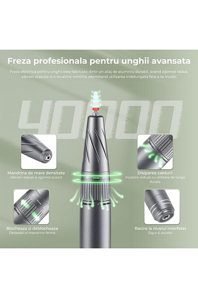 Elindor Mașină de găurit electrică avansată pentru unghii, 40000 RPM, viteză mare, vibrații reduse, temperatură scăzută, gri