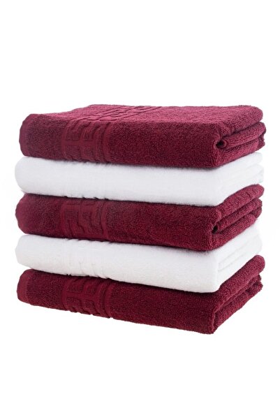 OEM Set 5 face towels, Cotton, Bi-Color, Greek Border, 500g/m², 50x90cm, Bordeaux-White
