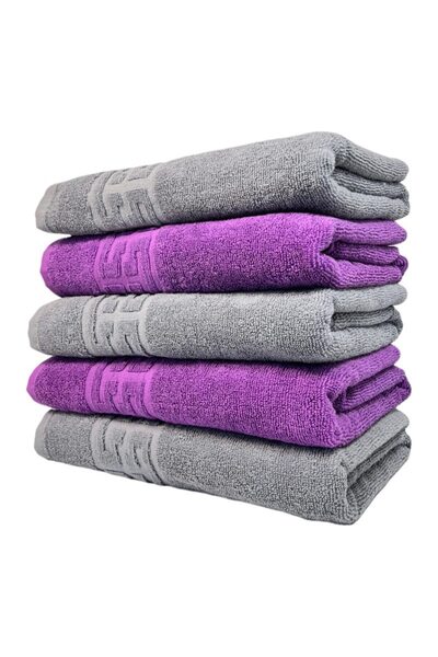 OEM Set 5 prosoape de baie, bumbac, bicolor, bordură grecească, 500g/m², 70x140cm, gri-violet