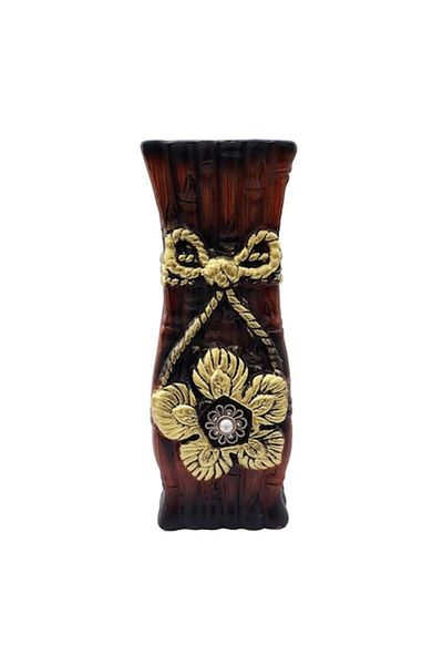 OEM Vază pătrată maro cu model floral și fundă, 25 cm