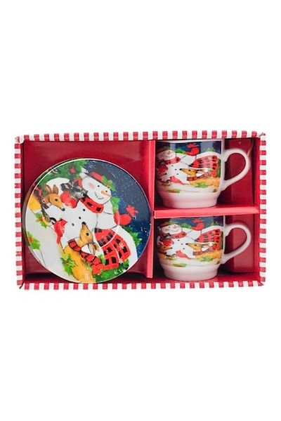 OEM Set din ceramica format din doua cesti cu farfurii cu imagini de Craciun, 24x15 cm