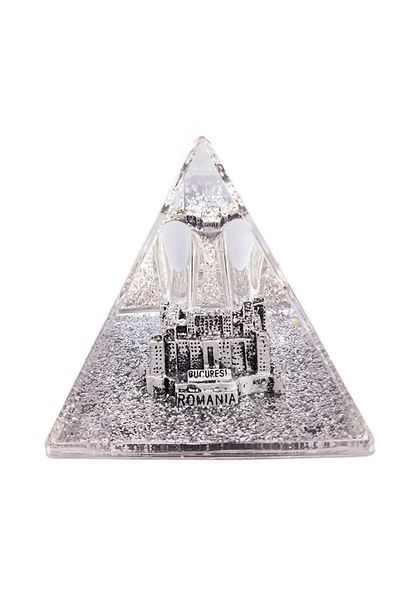 OEM Piramida din plastic cu lichid, cu Palatul Parlamentului, argintiu, 8x8 cm