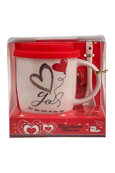 OEM Ceramic mug with spoon and silicone lid, heart design, 13x13 cm