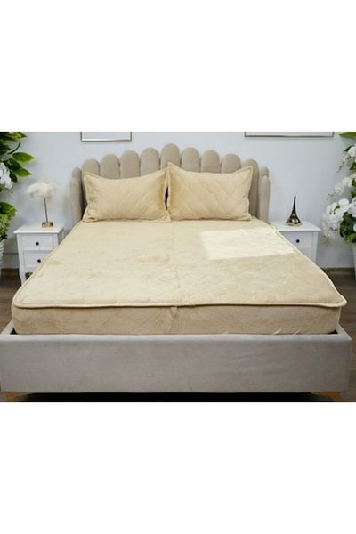 OEM Set de cearșafuri cu 2 fețe de pernă, catifea, saltea matlasată 140x200 cm, crem