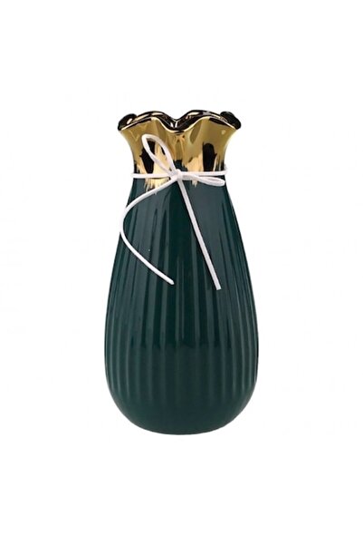 OEM Vază din ceramică cu dungi și margine ondulată 10x20 cm negru-auriu