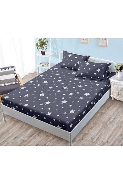 OEM Bed Sheet with Elastic, 3 Pieces, Satin Cotton, 180x200cm, Star Print, Dark Gray-Light Gray