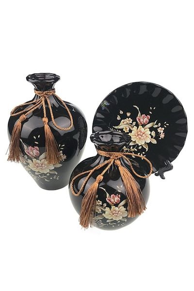 OEM Set din ceramica format din doua vaze de dimensiuni diferite si farfurie decorativa, cu flori desena