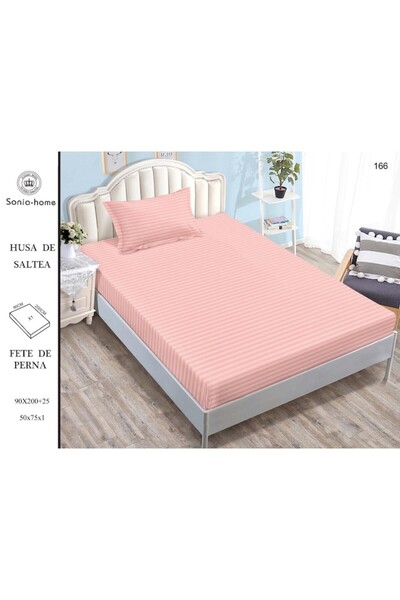 OEM Husa de pat si 2 fete de perna, cu elastic, Sonia-Home, Damasc, 1 Persoana, Uni, 90x200cm, Roz