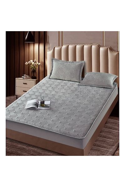 JOJO HOME Husa de pat si 2 fete de perna, Jojo Home, Catifea, Model Matlasat, 180x200cm, Gri Deschis