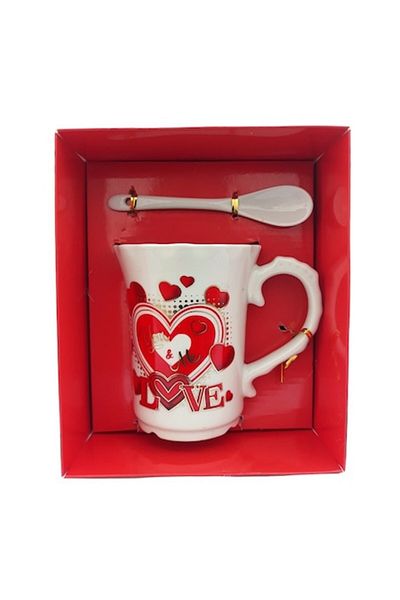 OEM Cana din ceramica, cu lingurita cu inimi si text 'Love', 15x19cm, M1