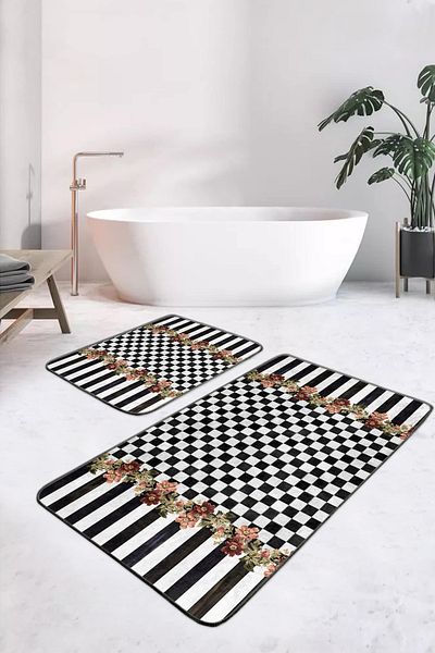 Realhomes Floral Black and White Checkered Striped Patterned 2-Piece Non-Slip Base Washable Bath Mat Set